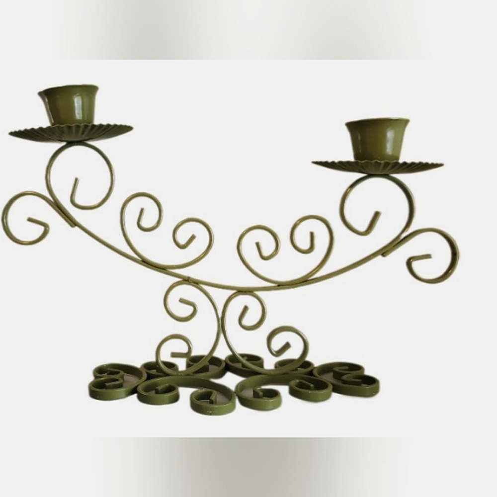 Vintage Two Arm Candleholder Avocado Green MCM Retro
